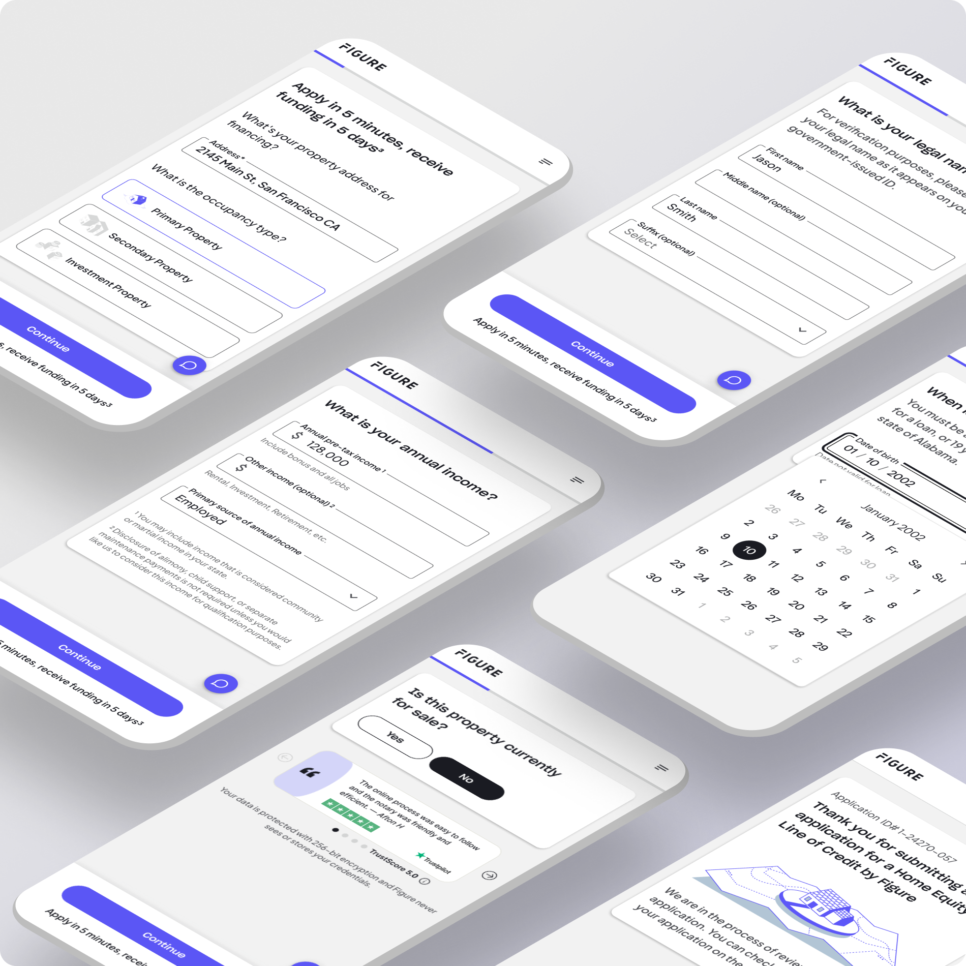 HELOC application redesign mobile screens: property details, verification, income, and confirmation steps