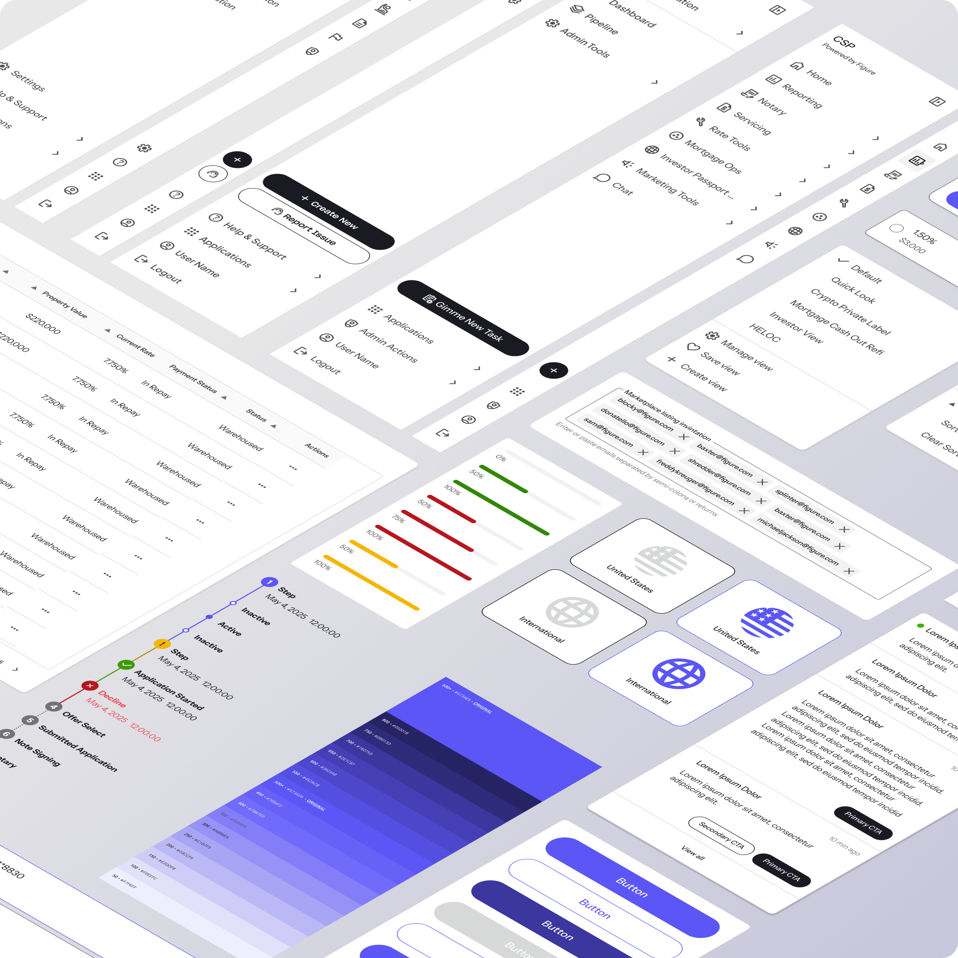 Unified design system screens across Portfolio Manager, Lead Portal, and CSP applications, showing shared navigation, tables, and filters