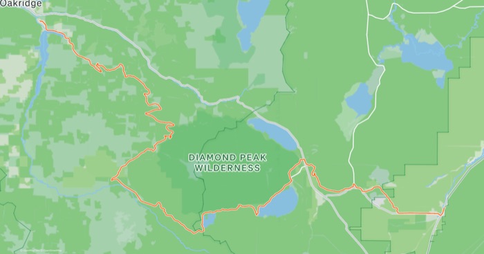 Route map for Oregon Trail Stage 4 near Diamond Peak Wilderness, OR
